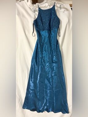 Betsy & Adam Teal Blue Sequin Halter Evening Gown